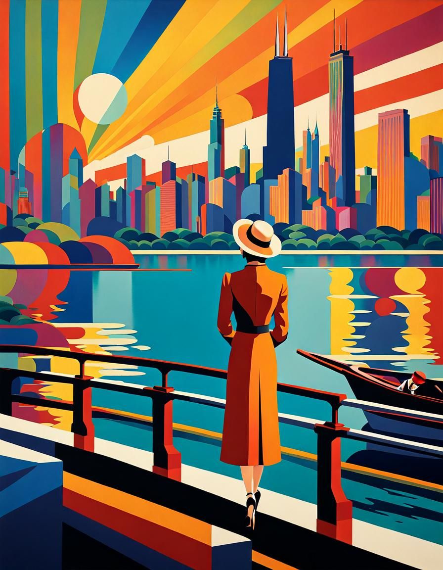 Chicago Art Deco Travel Poster with Geometric Fauvism