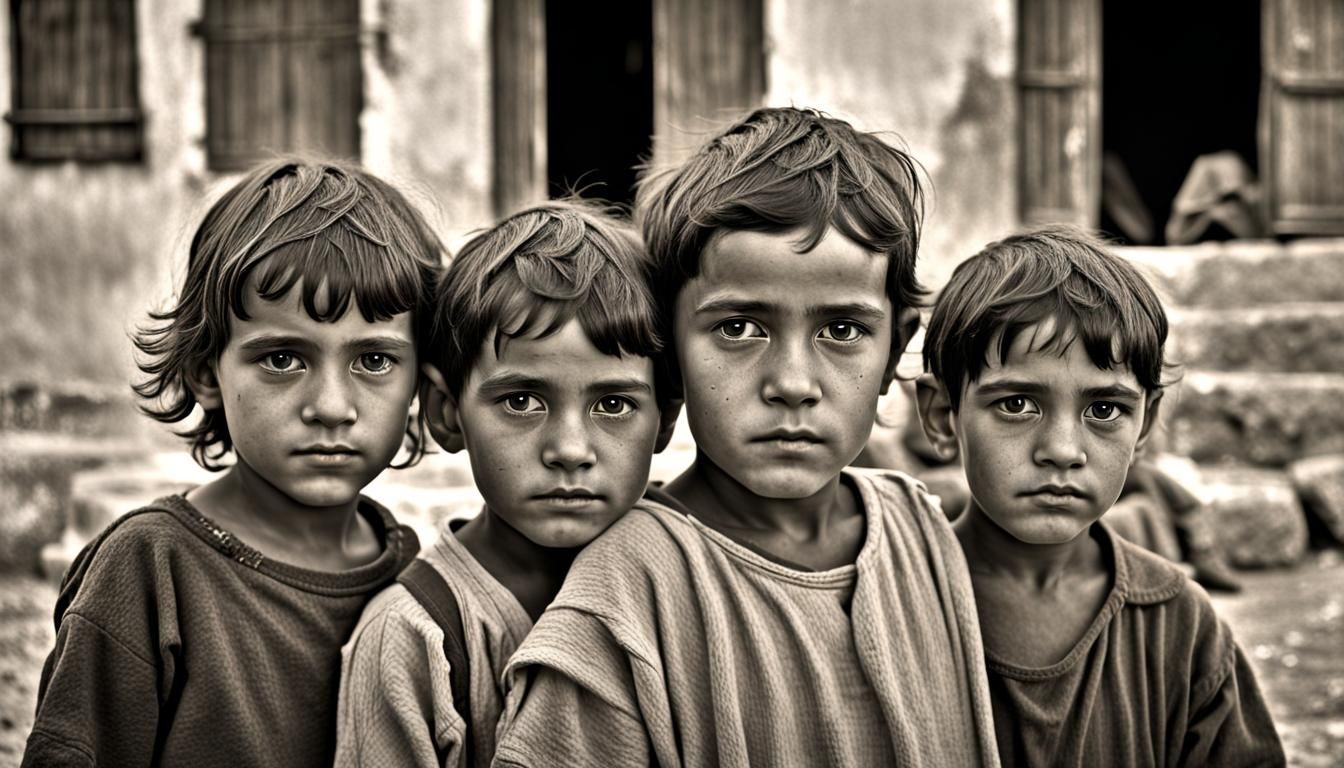 A photorealistic image of children from a small village, whi...