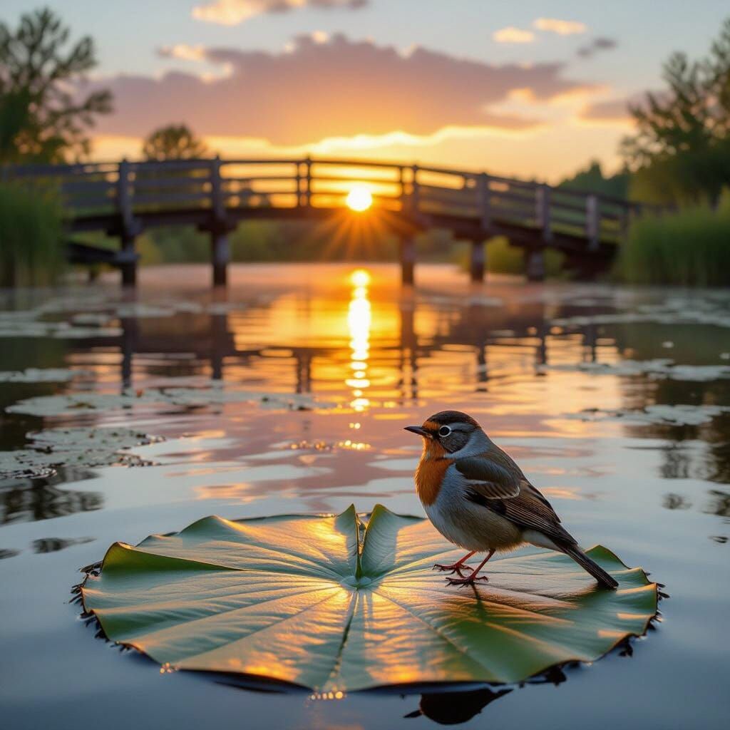 Robin Sunbathing on Lily Pad at Sunrise