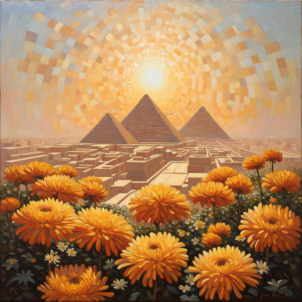 Giza Pyramids, Golden Hour, Cubist Chrysanthemums