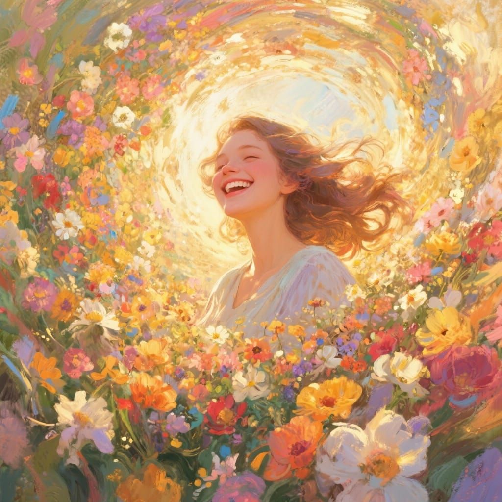 Gift of Nature: Woman Amidst Swirling Flowers