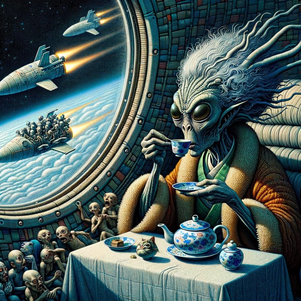 Alien Tea Ceremony on Spaceship, Expressionist Style