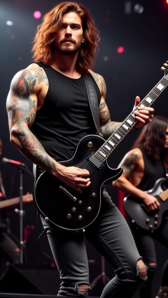Tattooed Musician Performing with Electric Guitar