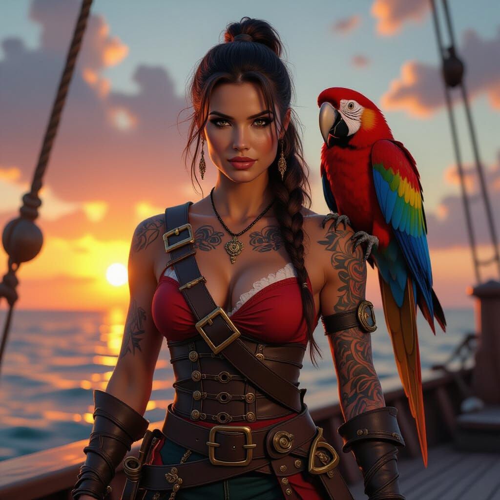 Pirate Woman with Eyepatch Parrot, Hyperrealistic Style