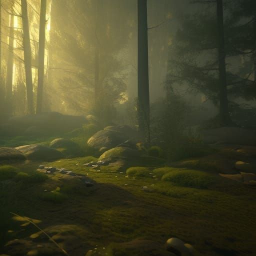 Stone Age Fisher in Dark Forest with Volumetric Lighting