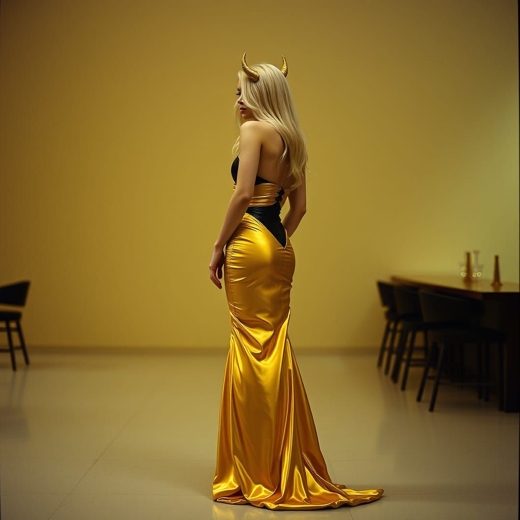 Elegant Golden Gown with Fantasy Horns