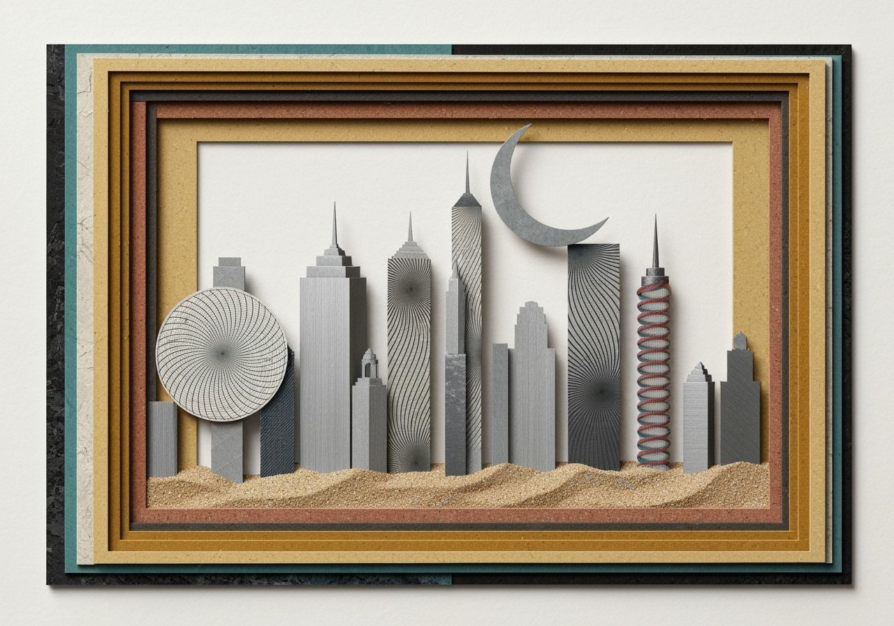 Retrofuturist City on Crescent Moon in Layered Paper Collage...
