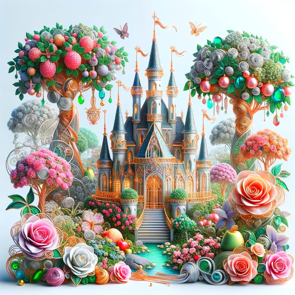 Fairytale Castle Artwork in Intricate Wire-Wrapping Style
