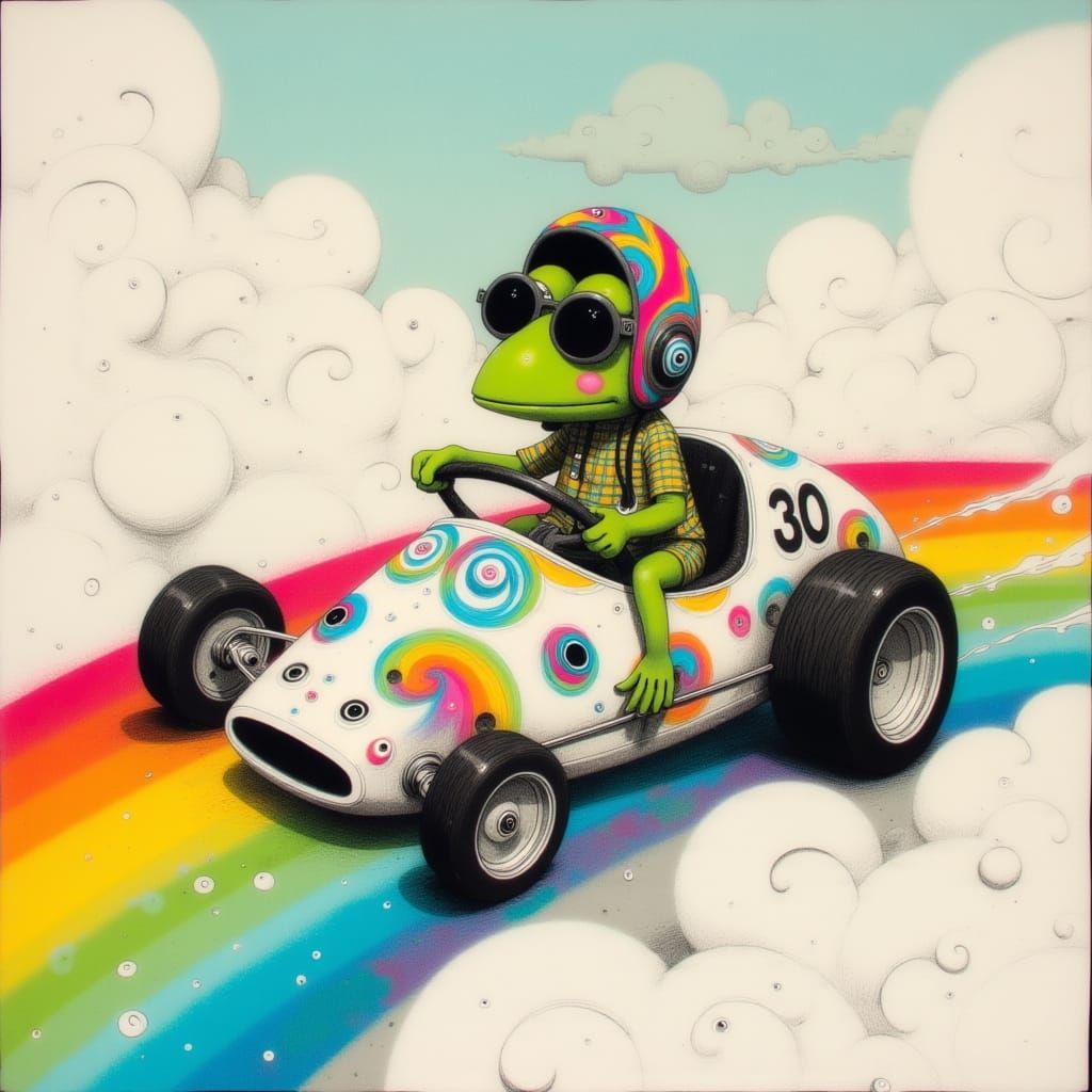 Kermit Races Over Rainbow in Kidcore Watercolor Style