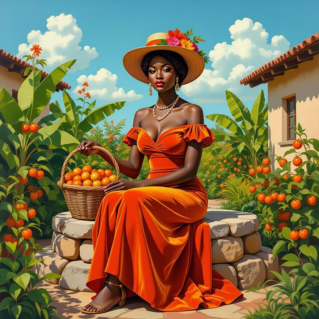 African Queen in Garden as Portrait Painting