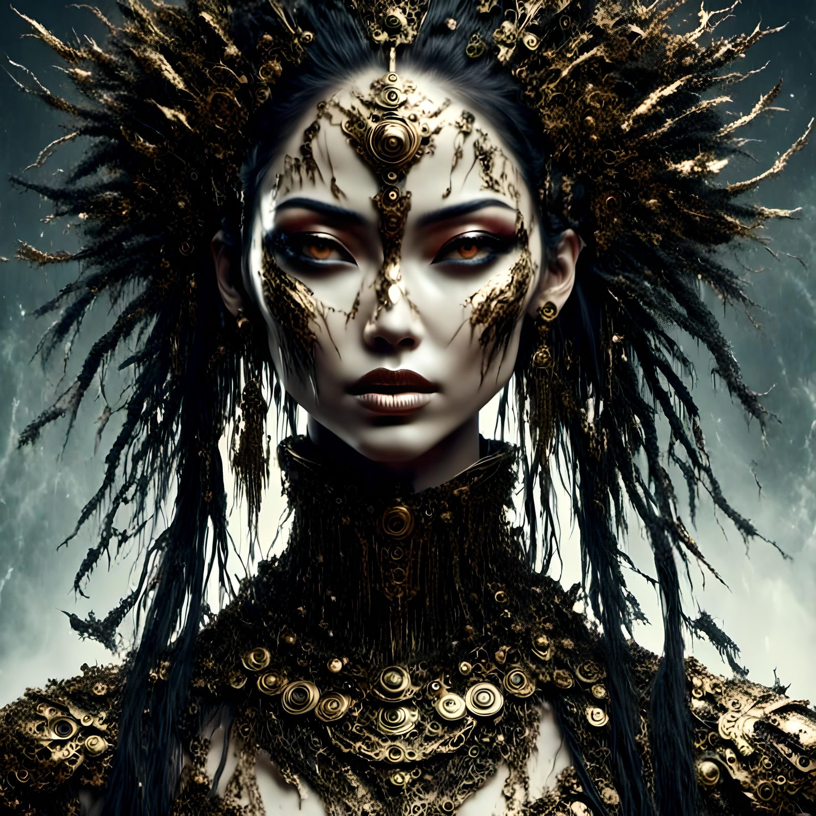 Dark Cyborg Couple in Smoky Battlefield