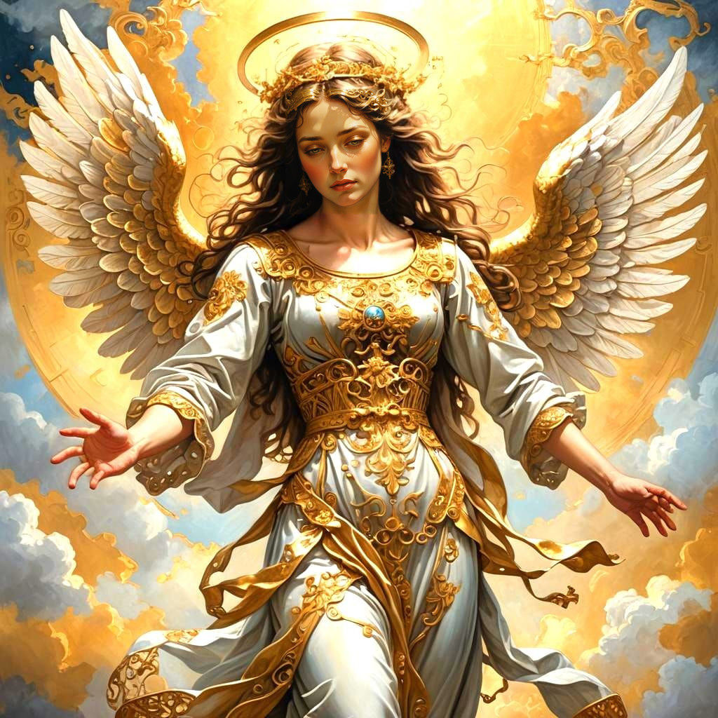 Golden Filigree Angel in Heaven Oil Painting