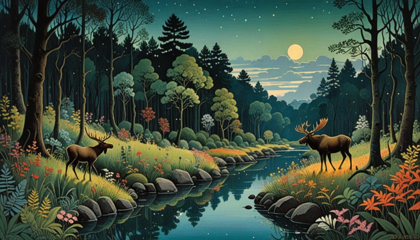 Enchanting Forest Animals Under Starry Night Sky