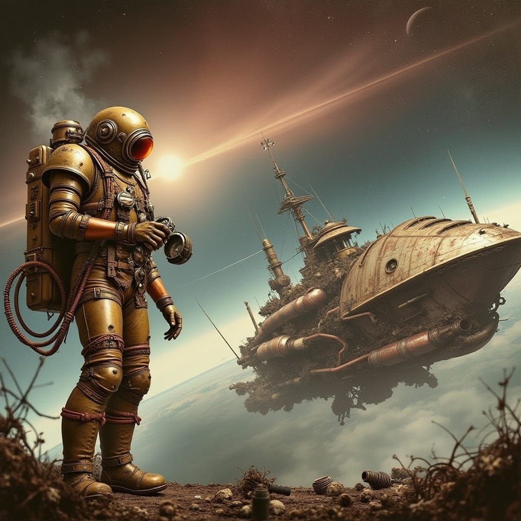 Steampunk Astronaut Salvages Parts in Dark Space