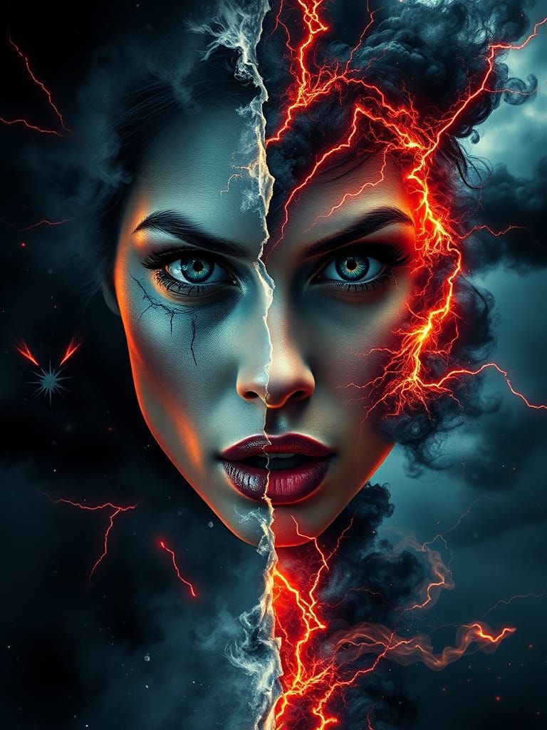 Striking Female Face in Elemental Surrealism