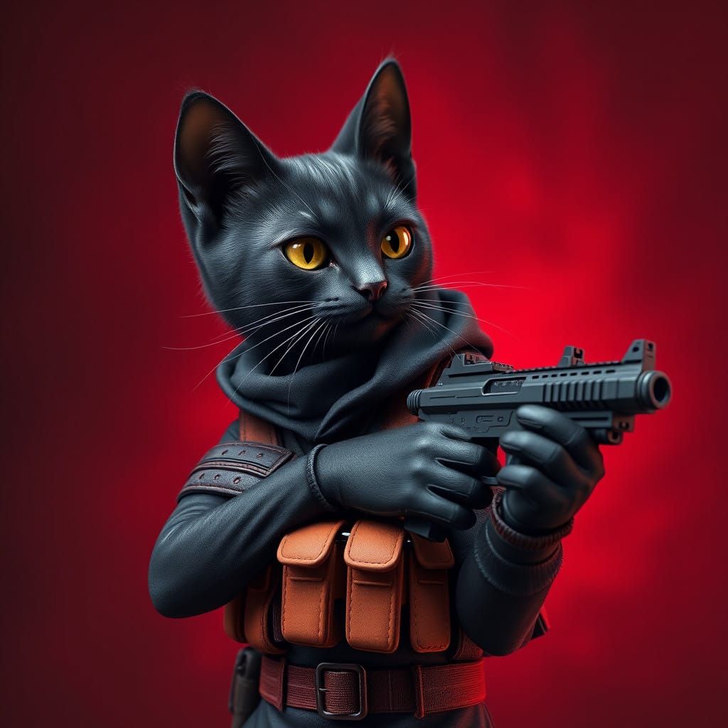 Sleek Black Cat Purr-fectly Armed in Tactical Outfit