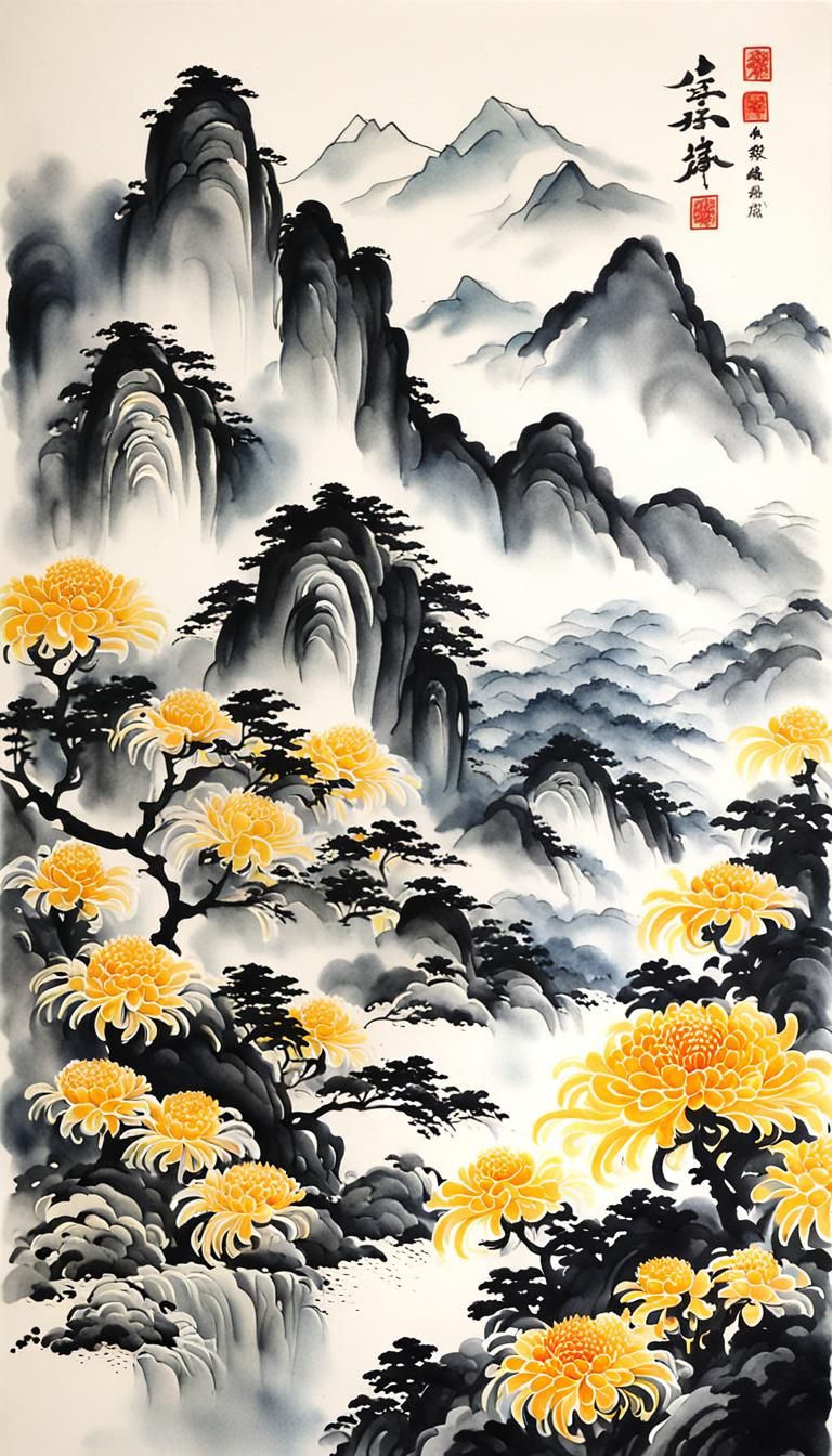 Chrysanthemum and Mountains in Ink Painting