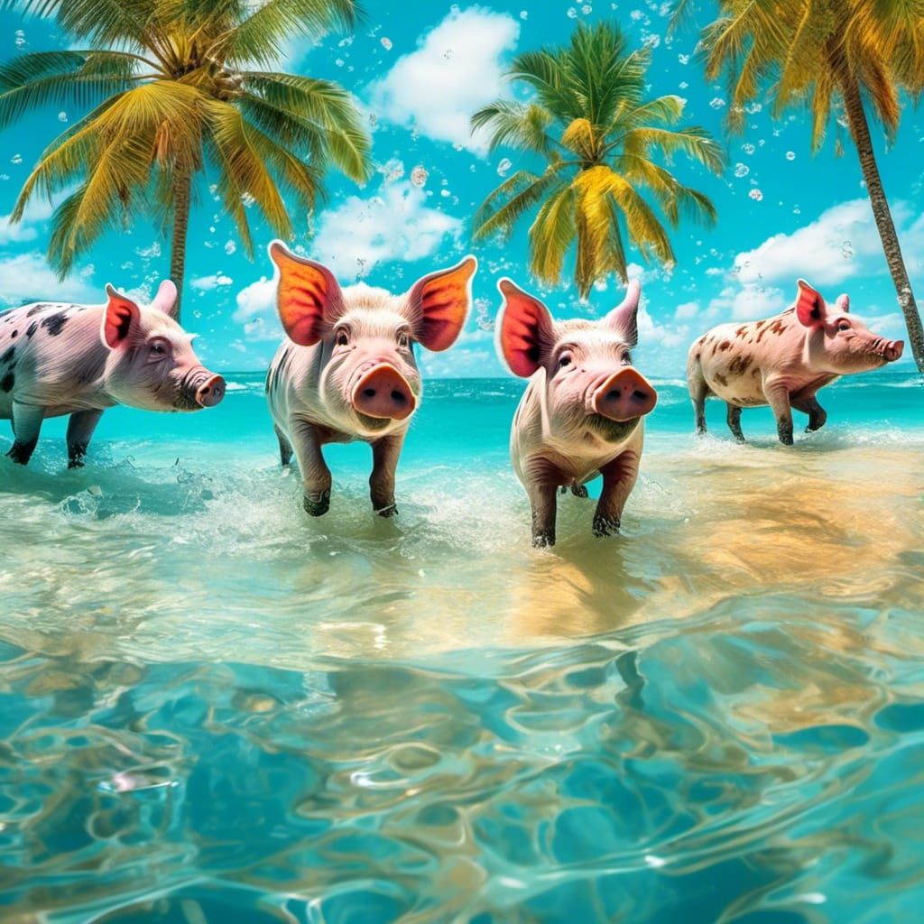 Schweine at Caribbean beach in alcohol ink splatters whimsical, double exposure effect with palm trees, turq...