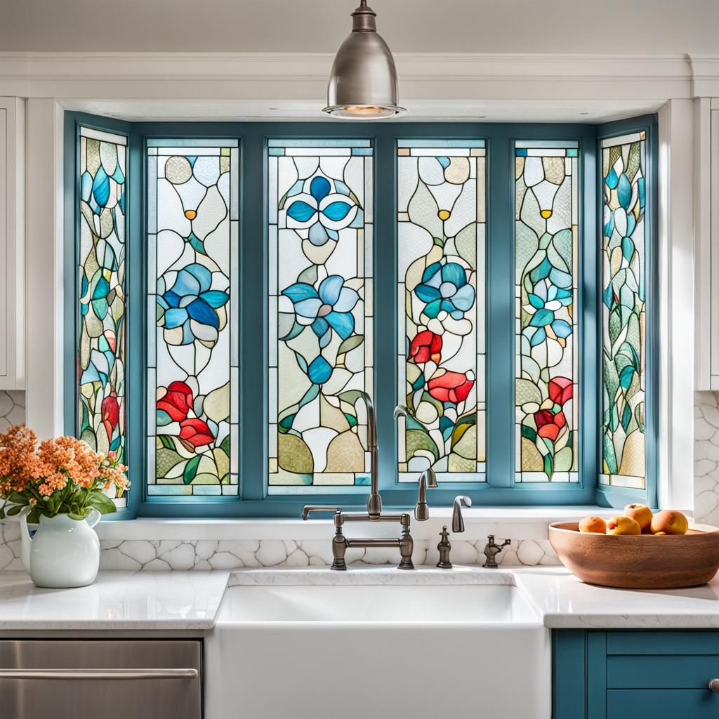 Orchard Stained Glass Window Over Farmhouse Sink