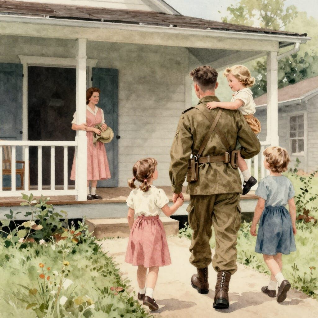 Soldier Returns Home to Family in Watercolor Style
