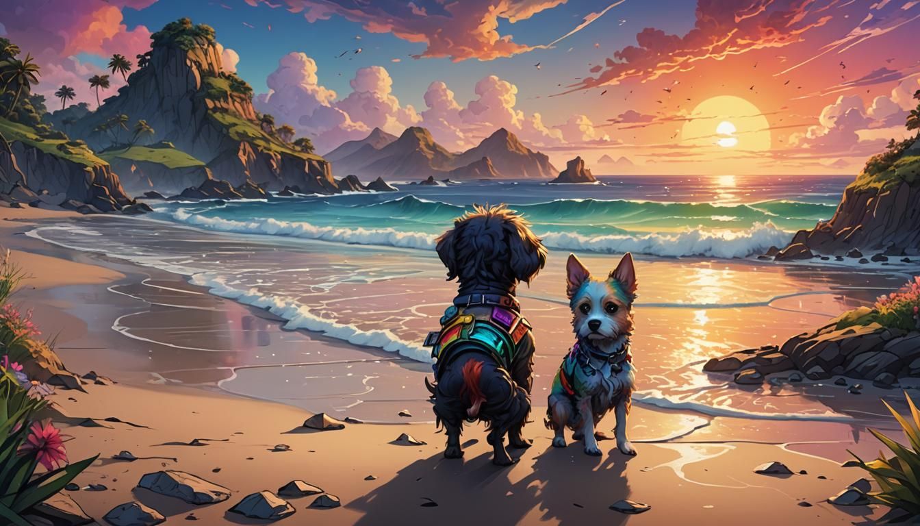 Chibi Dog Enjoying Rainbow Sunset Ink Drawing