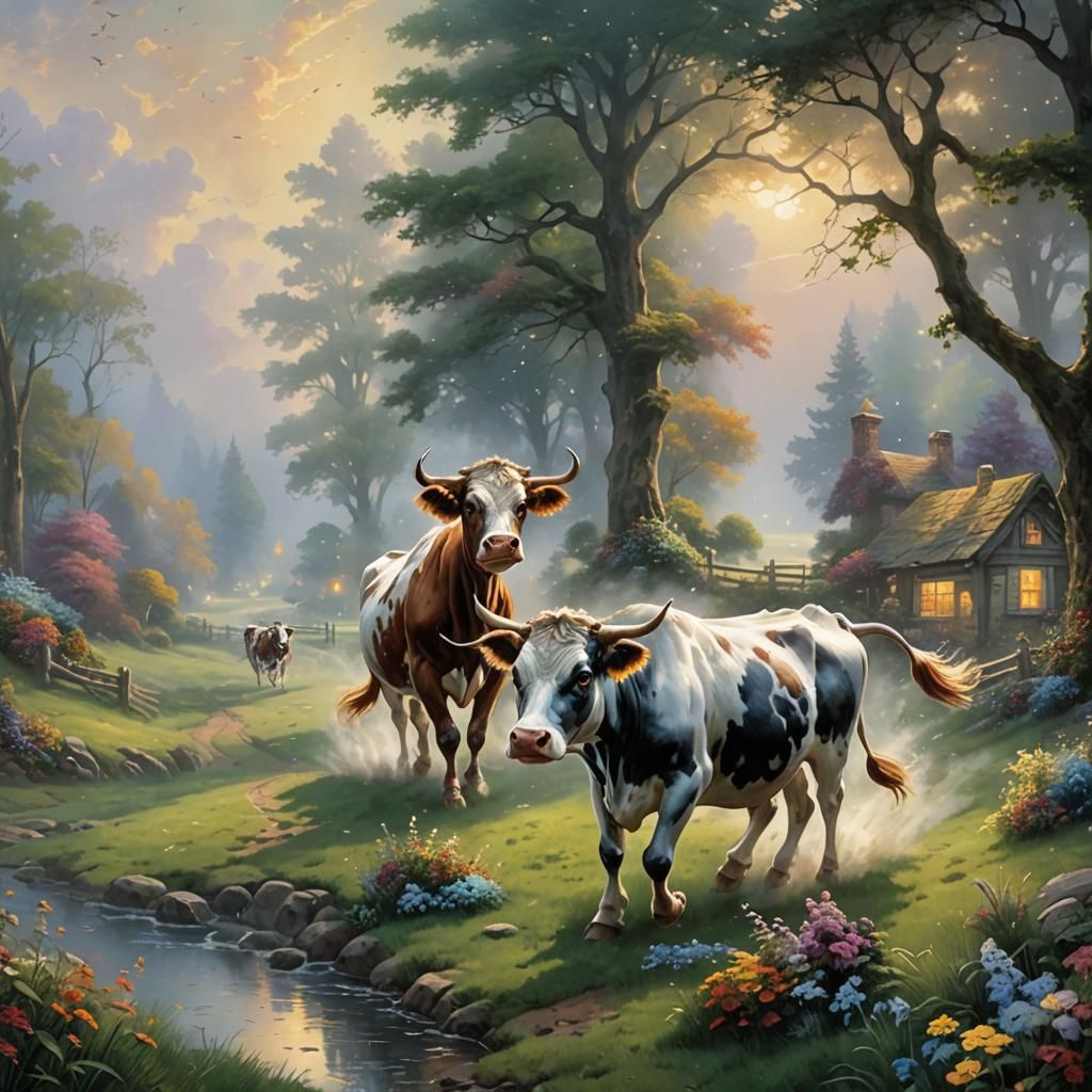 Cows Running in Ethereal Fantasy Landscape