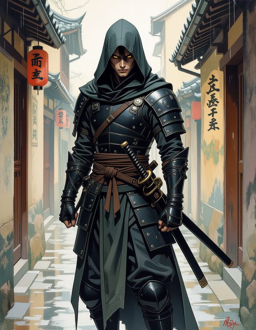 Rogue in Rain: Art Nouveau Fantasy Gouache