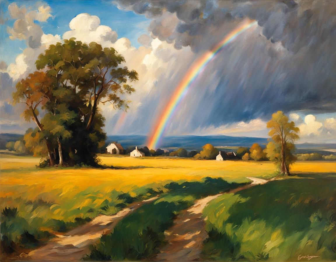 Landscape with Rainbow in Oil Painting Style