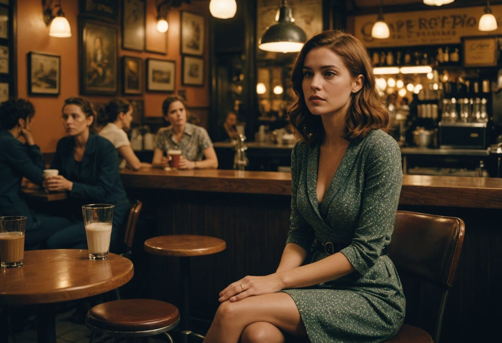 Pensive Woman in Paris Cafe: Cinematic Film Still