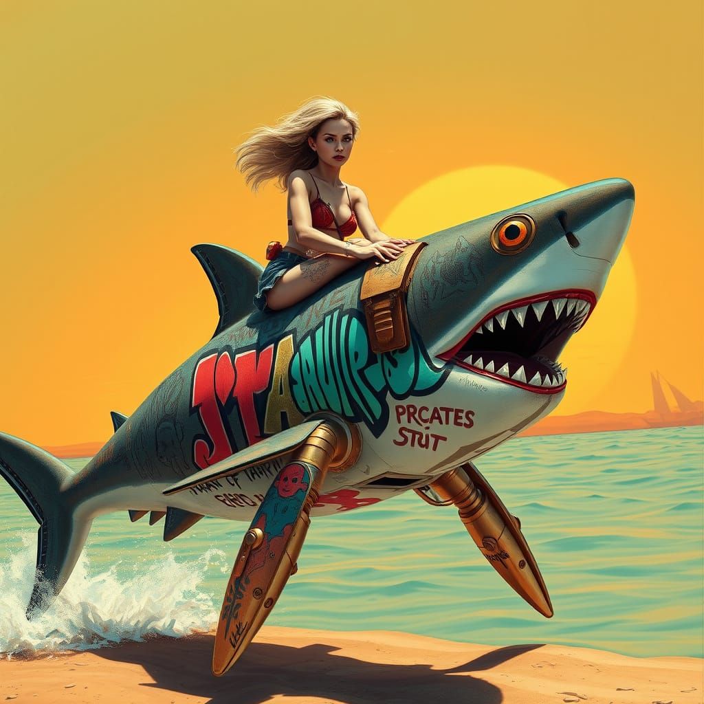 Woman Rides Graffiti Shark in Syd Mead Style