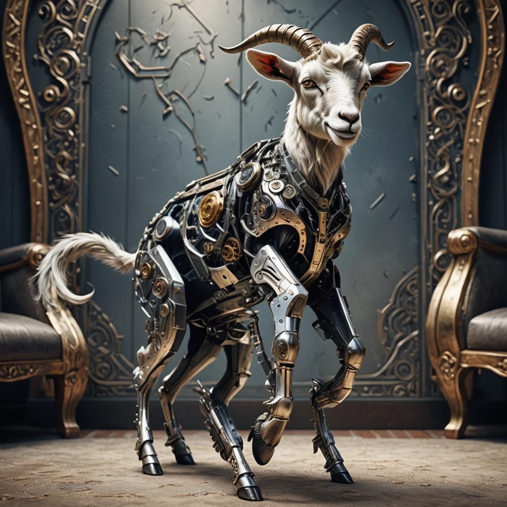 Cybernetic Goat with Metallic Limbs in HDR