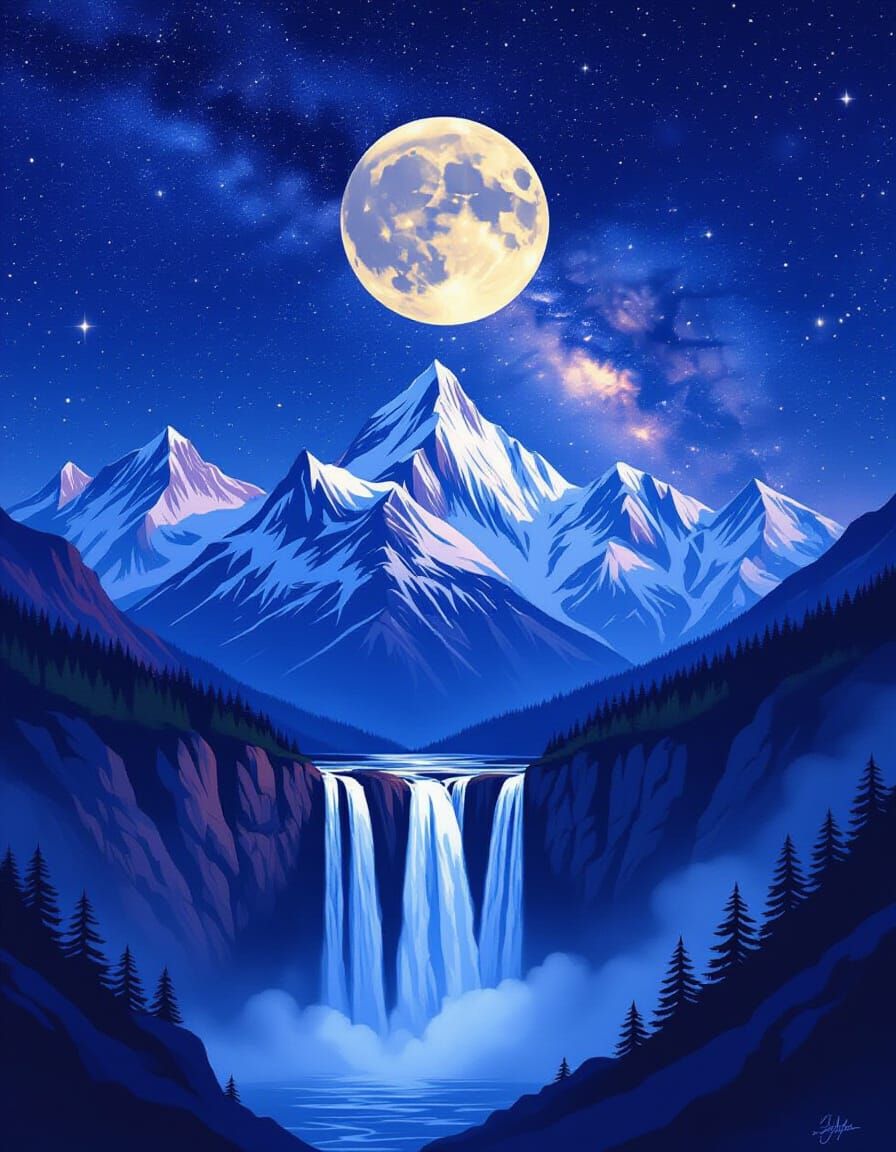 Snowy Mountains Under Starry Midnight Sky with Waterfall