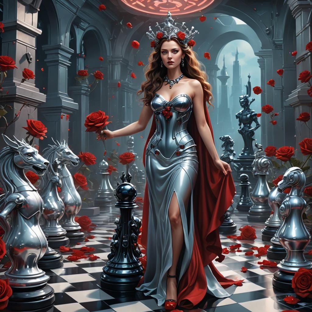 High Tech Persephone on Chessboard, Hyperrealistic 3D Render