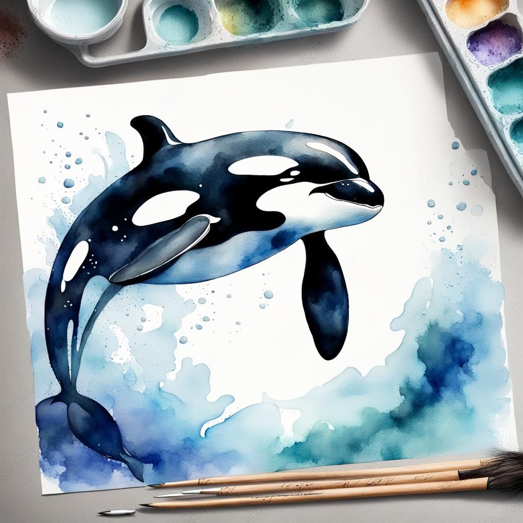 Watercolor Orca in Blue Ocean Illustration