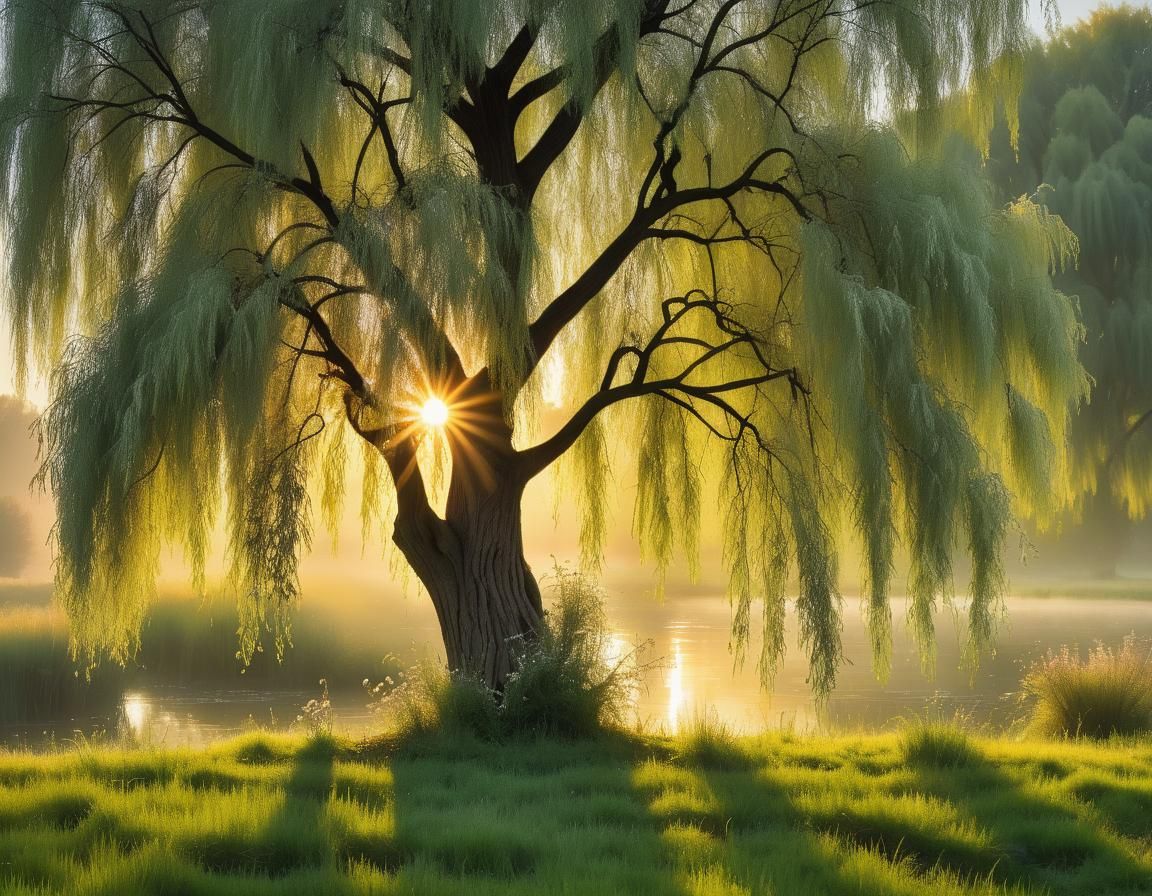 Tranquil Sunrise Through Willow Branches: Cinematic Photo