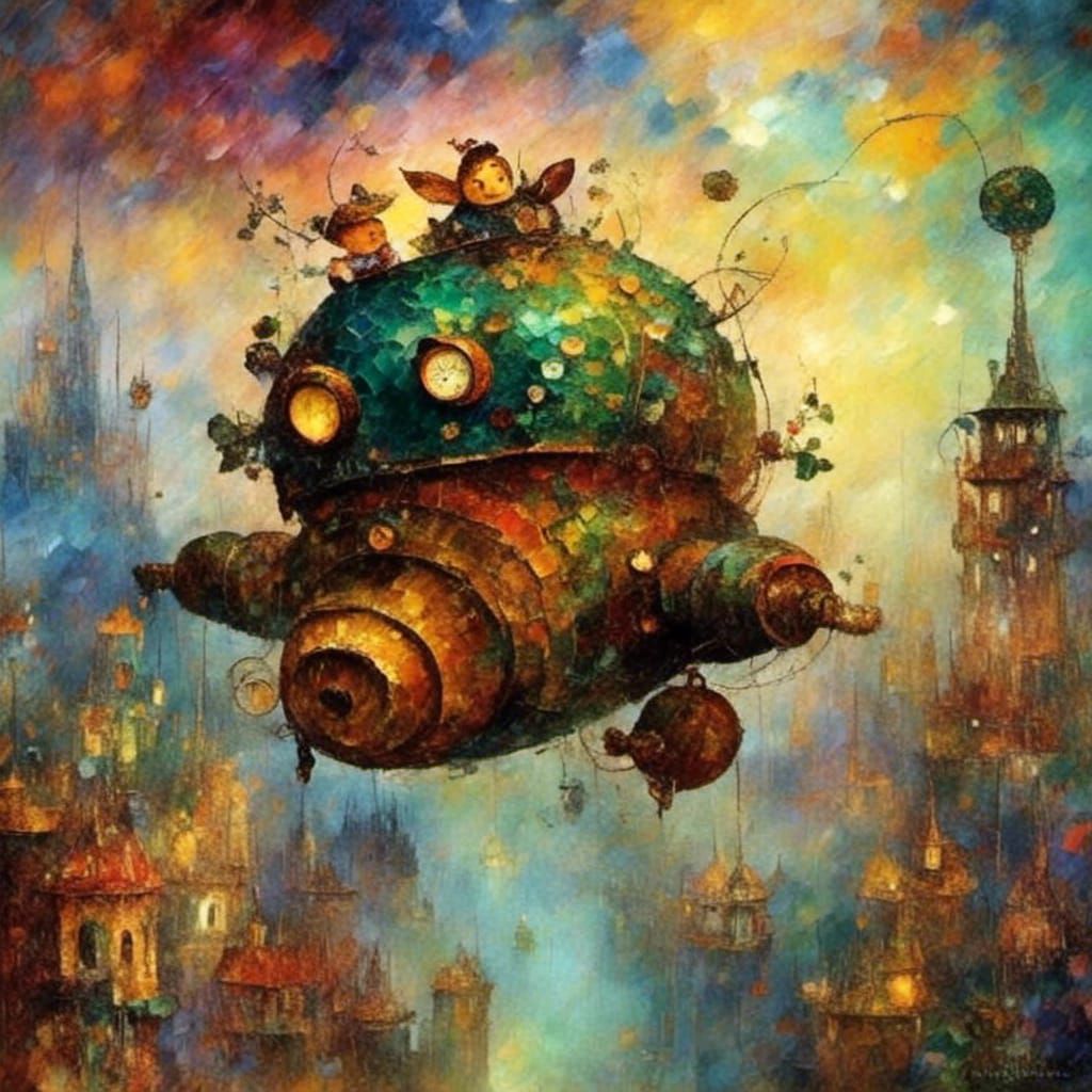 Flying Robot Pig in Clouds: Steampunk Style