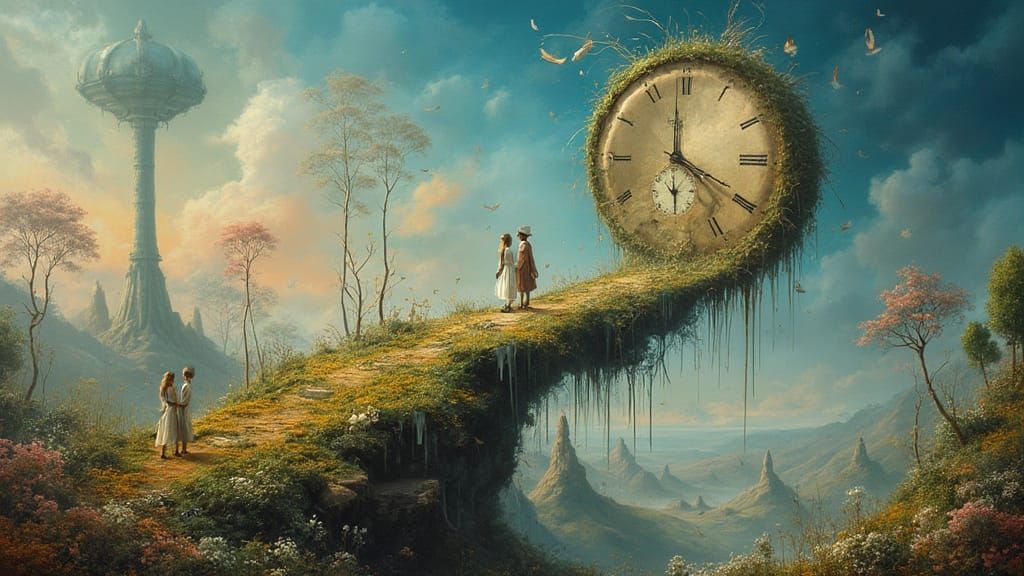 Surreal Melting Clock Landscape with Couple