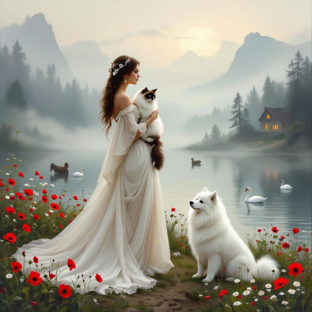 Ethereal Woman with Cat and Dog in Misty Forest Landscape