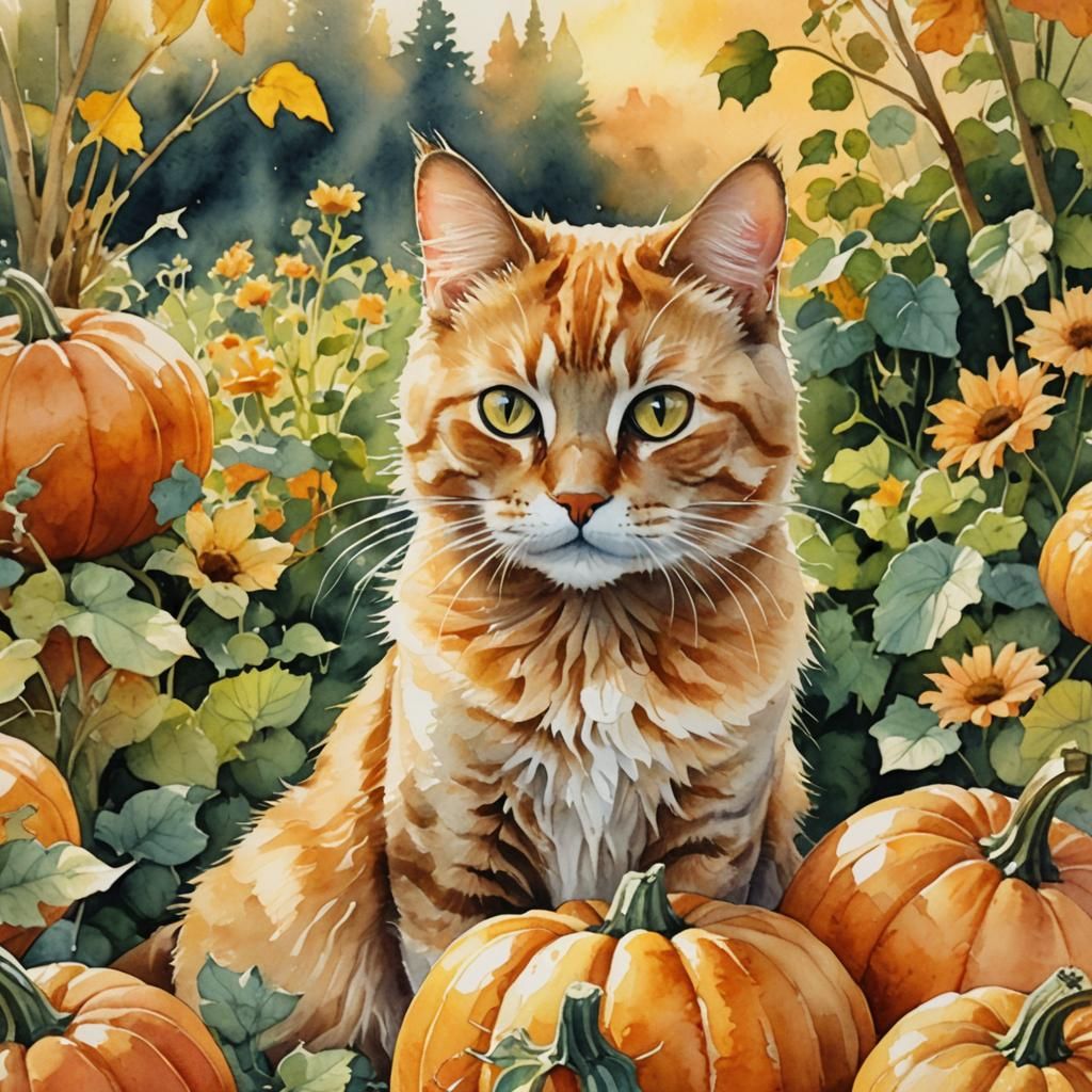 Whimsical Watercolor Cat Portrait on Pumpkin