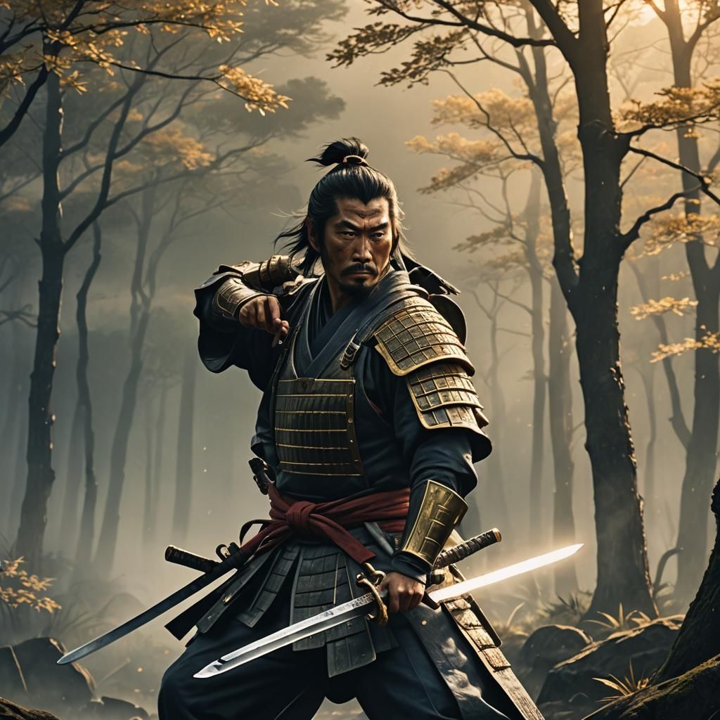 Samurai with Shining Sword in Hyper-Realistic Style