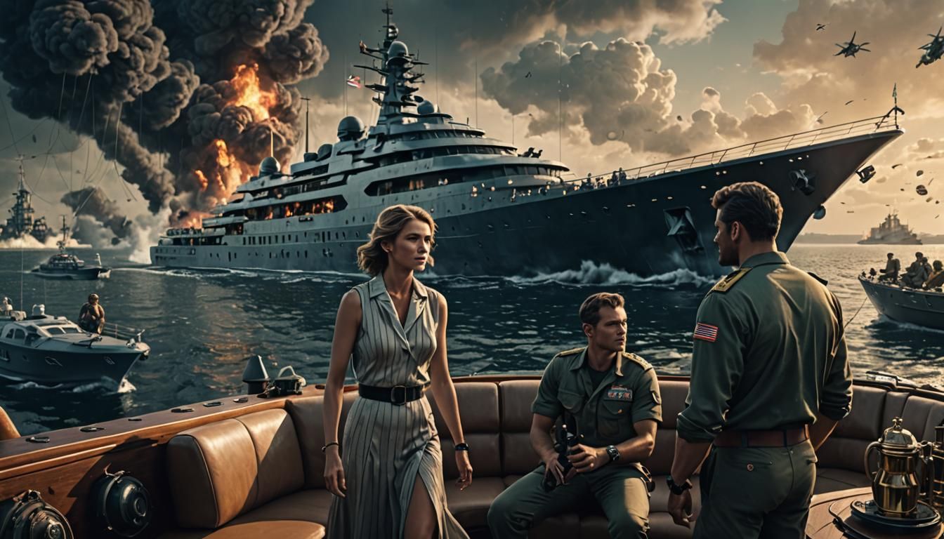 Mega Yacht Party with Military Backdrop