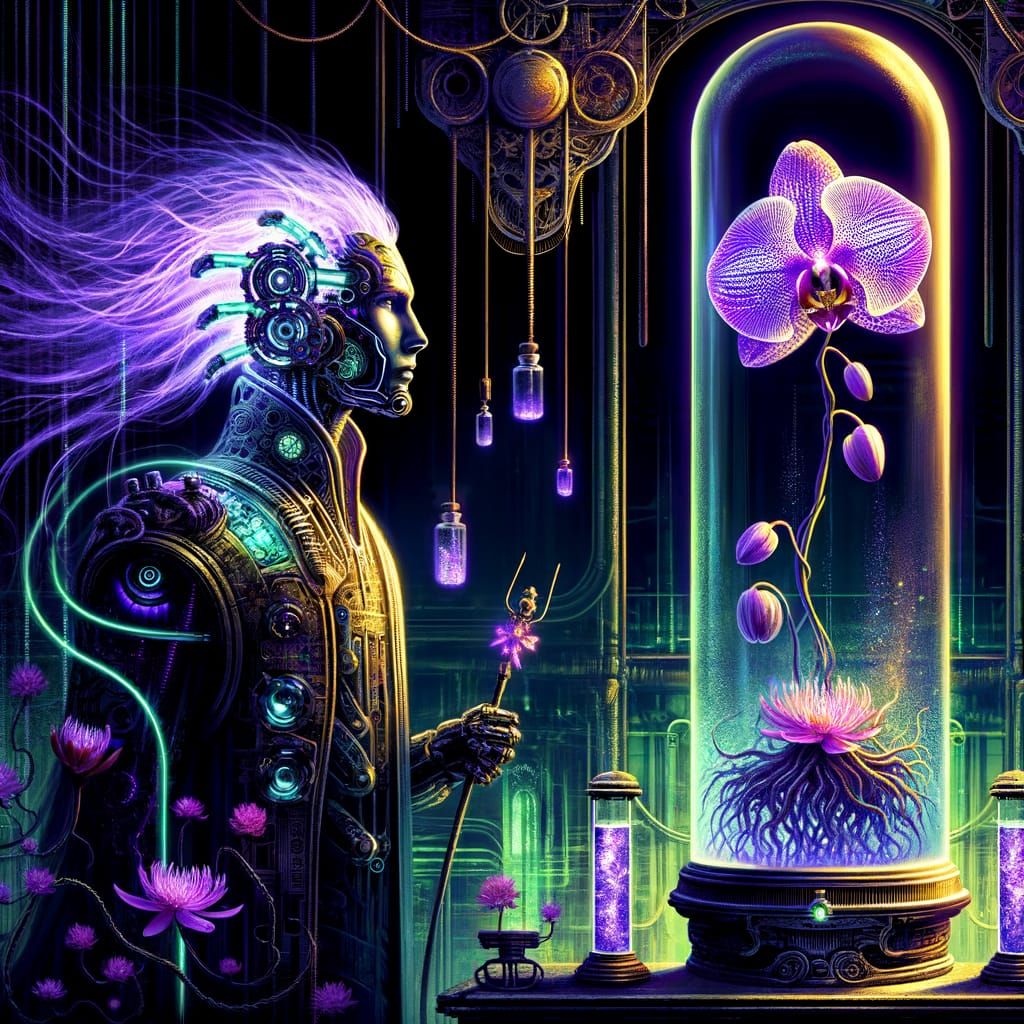 Gothic Clockwork Automaton with Bioluminescent Orchid, Art N...