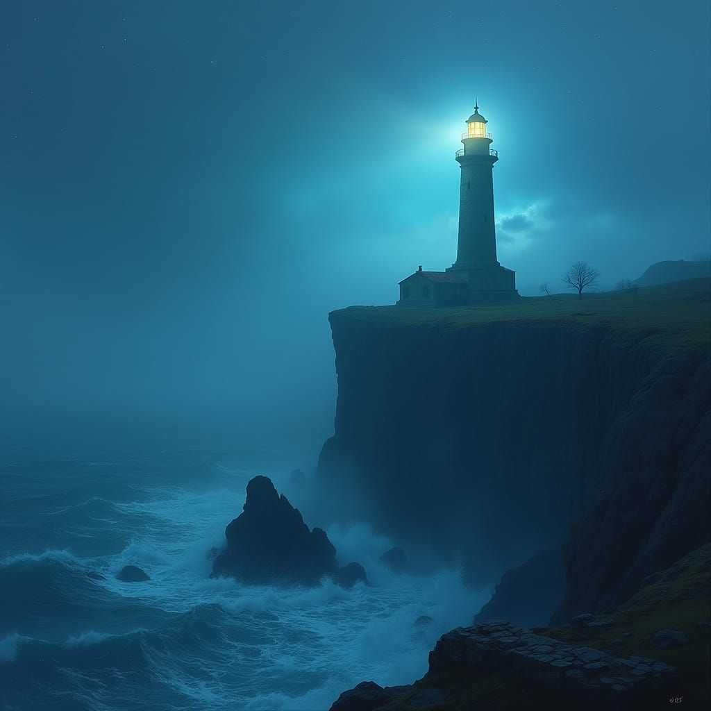 Ancient Lighthouse on Jagged Cliff in Ethereal Mist