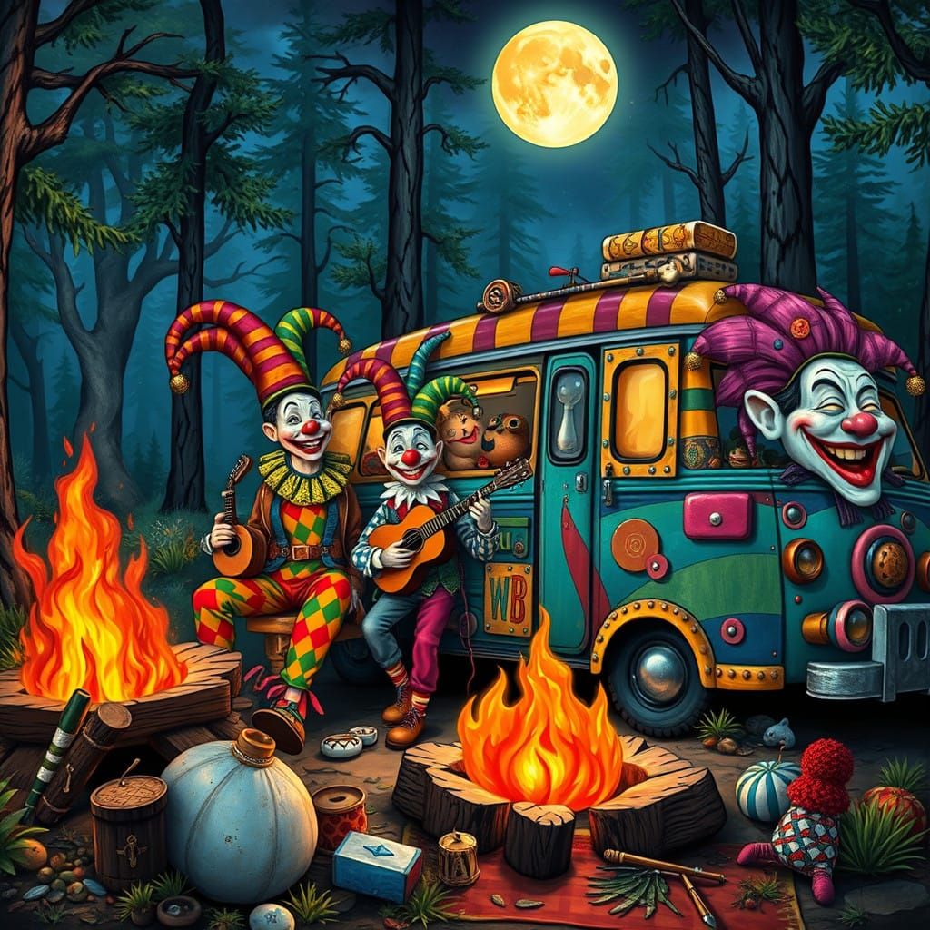 Whimsical Family of Jesters in Vibrant Campsite Scene