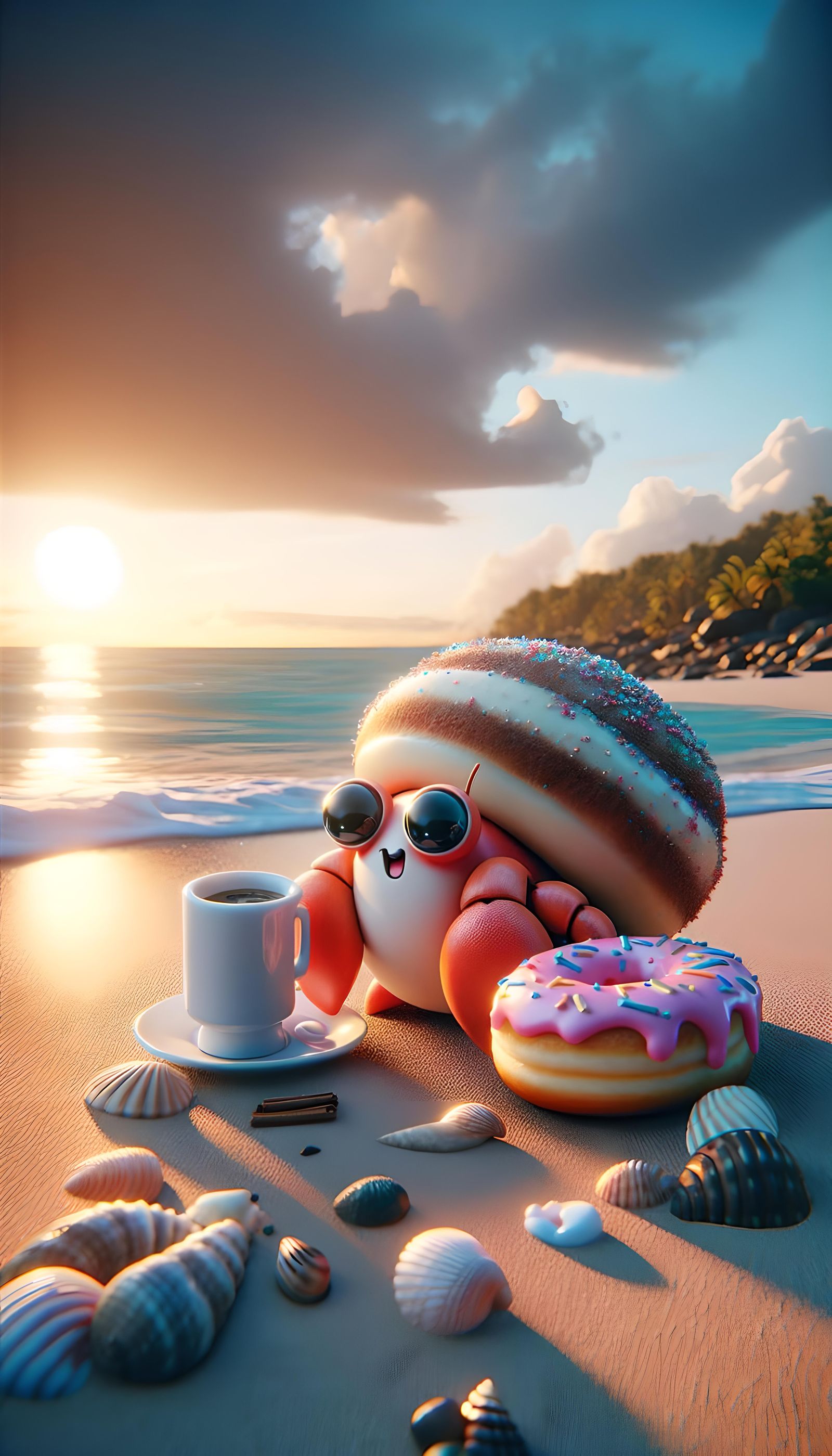 Hermit Crab Enjoying Coffee on the Beach
