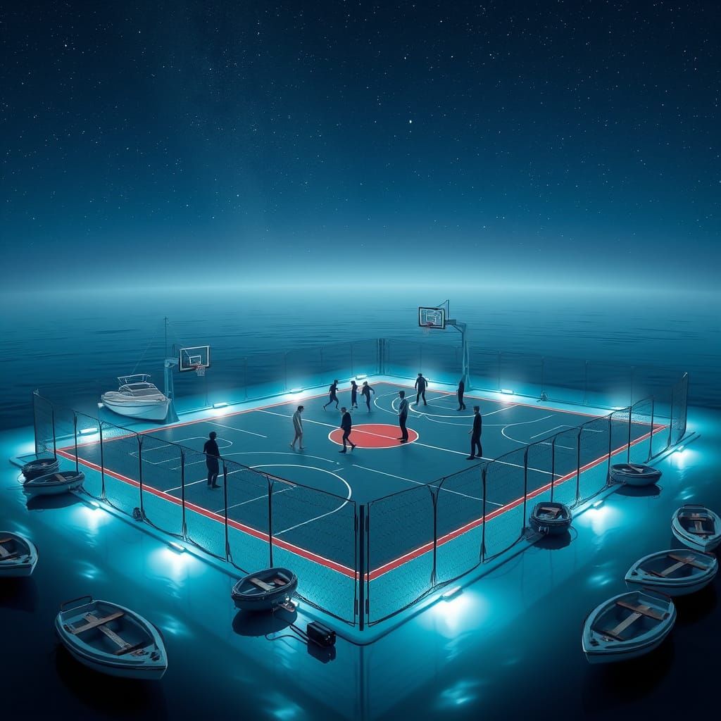 Futuristic Floating Basketball Court at Night