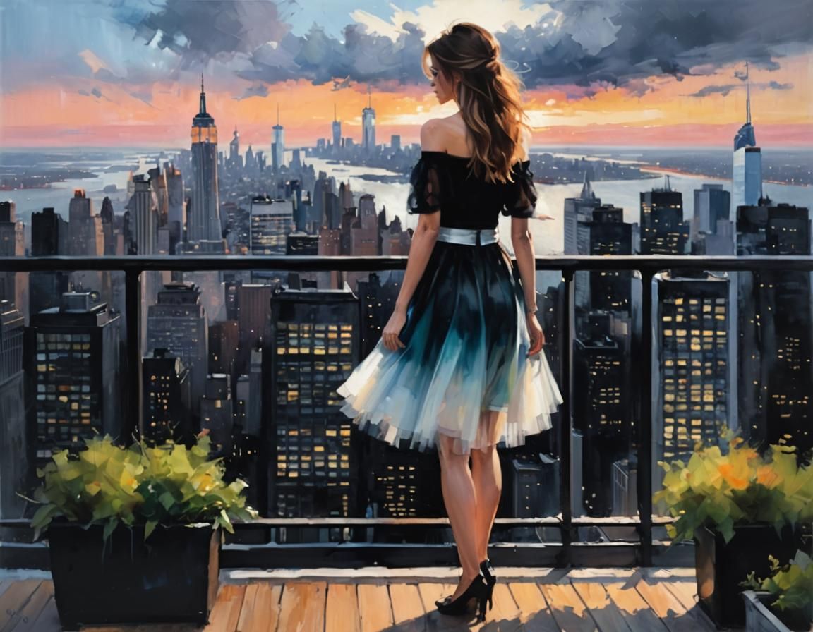 Woman in Tulle Dress Enjoys Manhattan Skyline