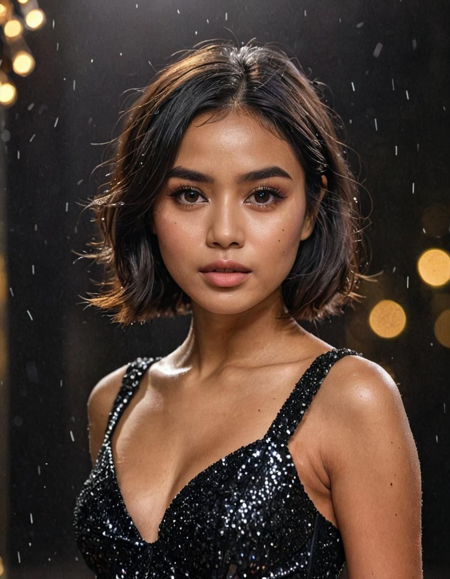 Indonesian Woman in Glitter Dress at Night