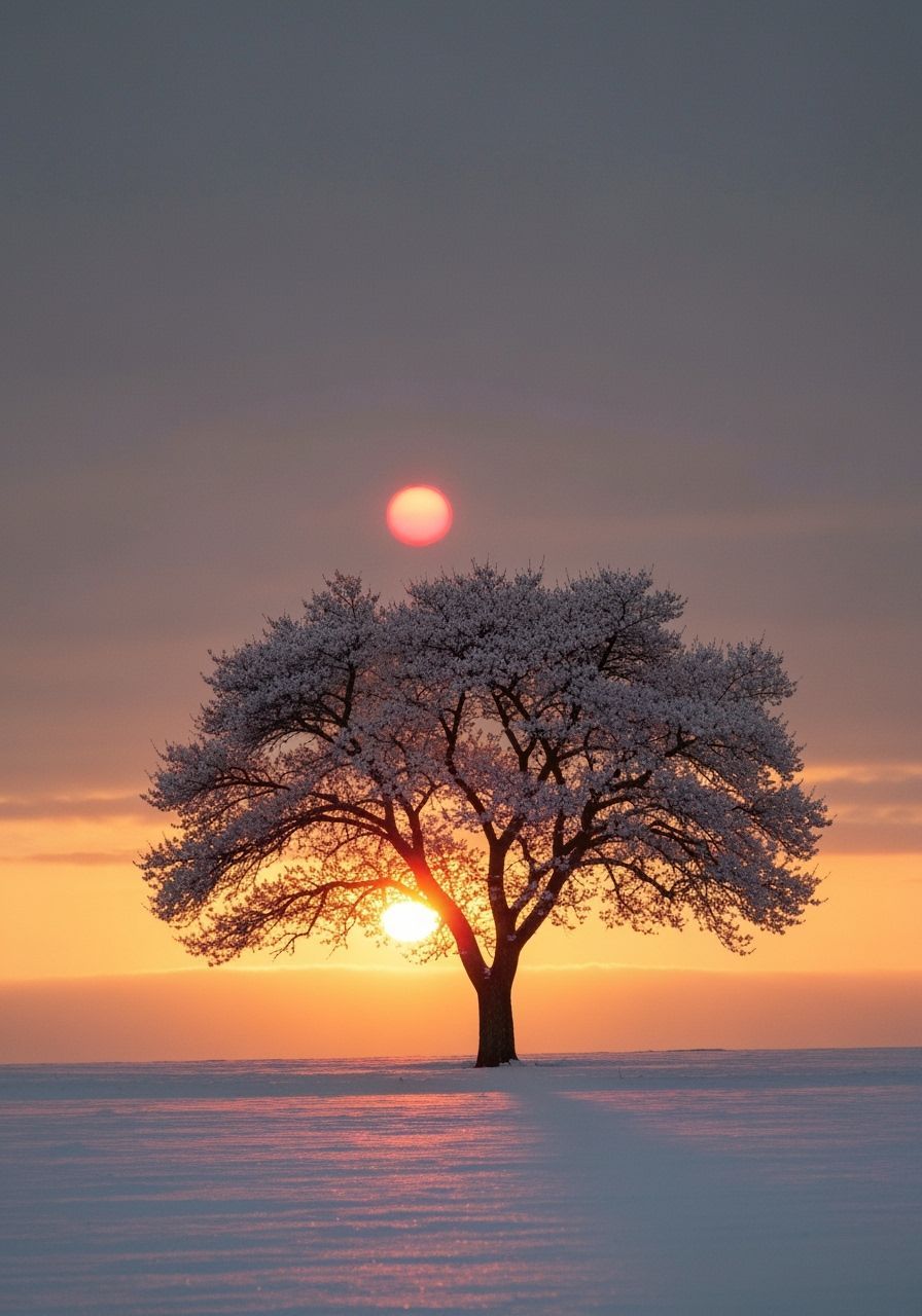 Solitary Sakura Tree on Snowy Hill in Photorealistic Style