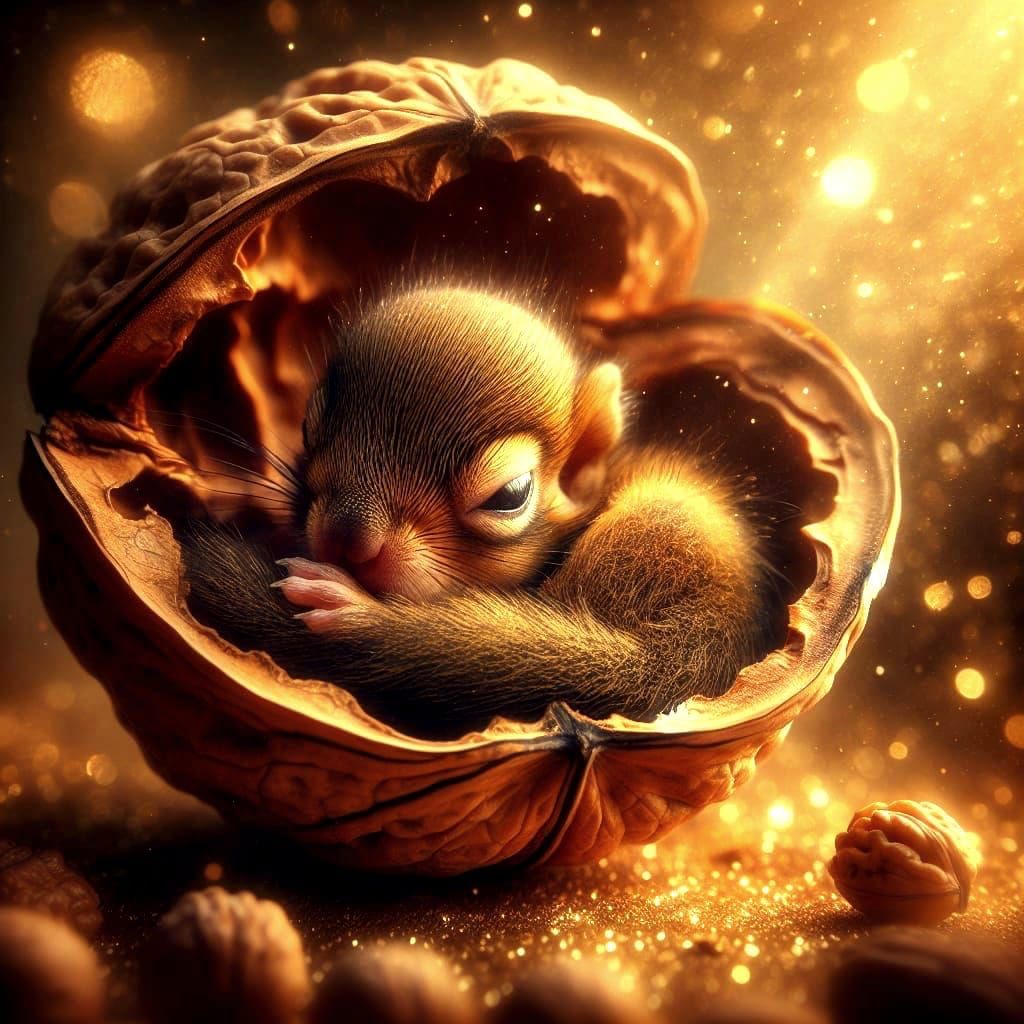 Baby Squirrel in Walnut Shell: Golden Light